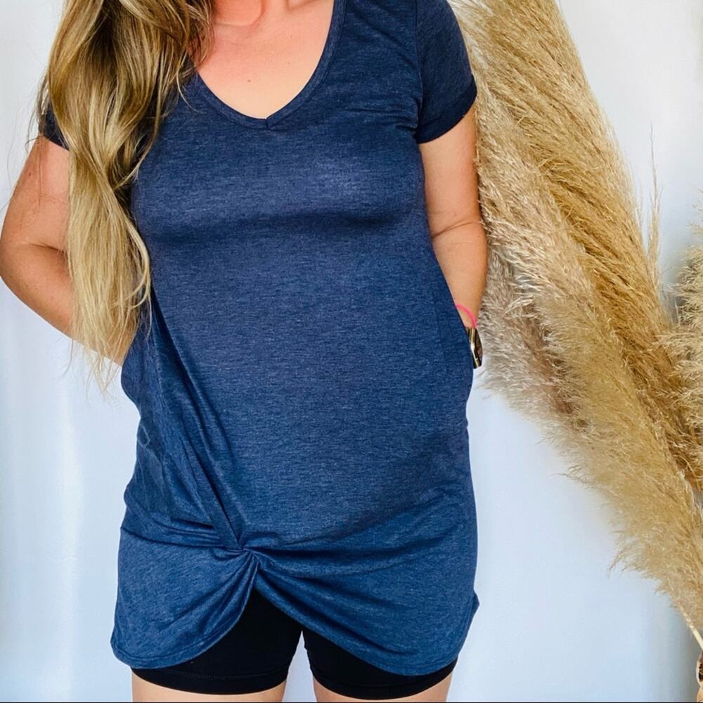 BOUTIQUE Navy Blue Tie Waist Tunic Short Sleeve Tee Shirt Mini Dress Pockets M